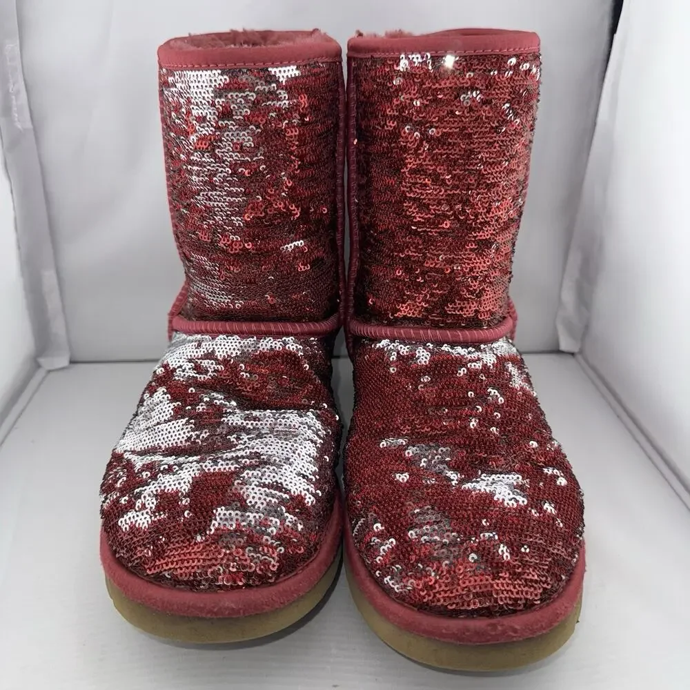 Ugg‎ Australia Women's Red And Silver Sequin Short Boot SN 1003121 US 7